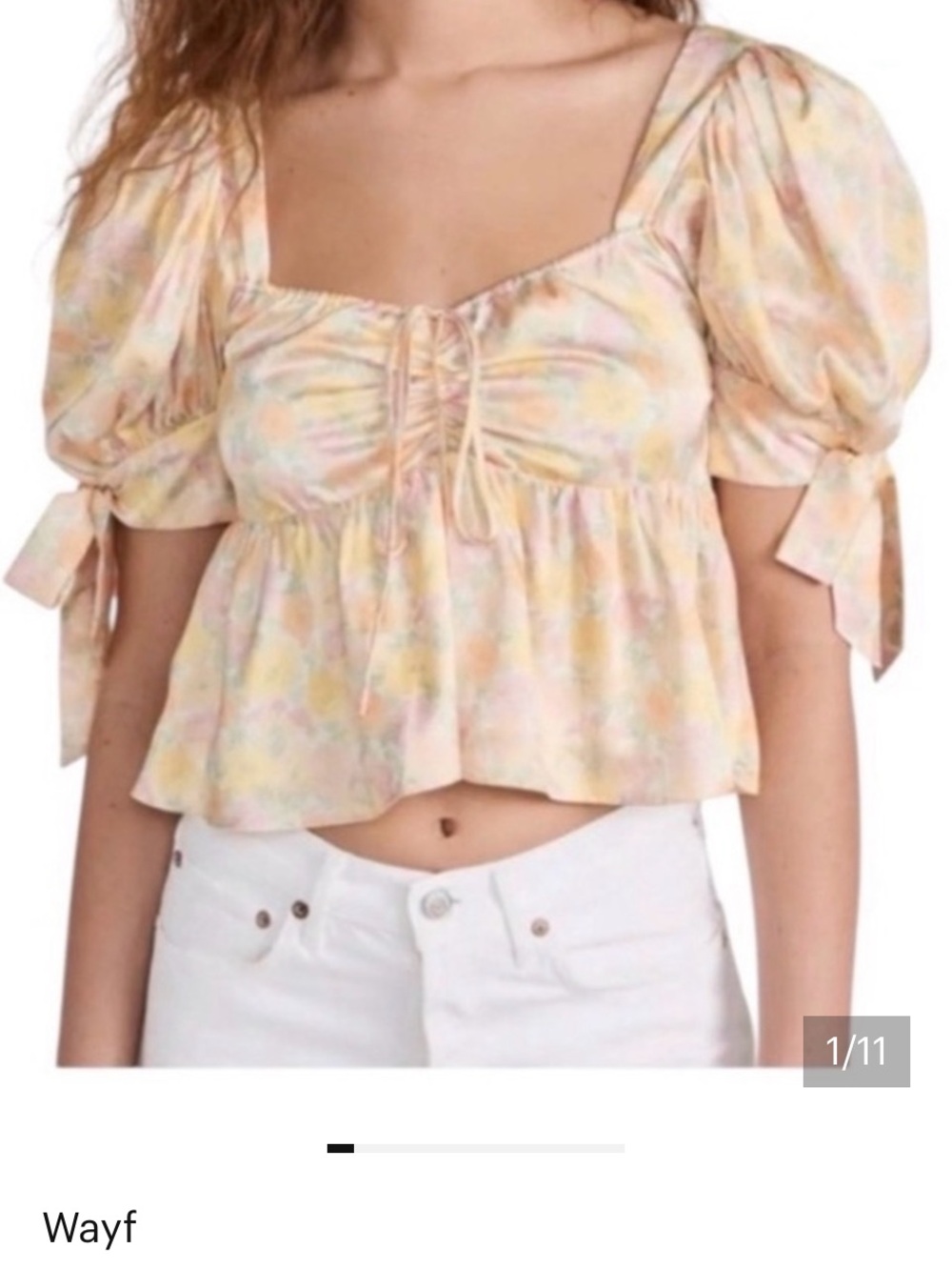 Wayf Pastel Yellow Floral Silky Tie-Front puff sleeves Peplum romantic Top XS